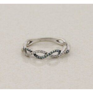 10k White Gold Fancy Blue and White Diamond Ring Twist Crossover Band 5 3/4